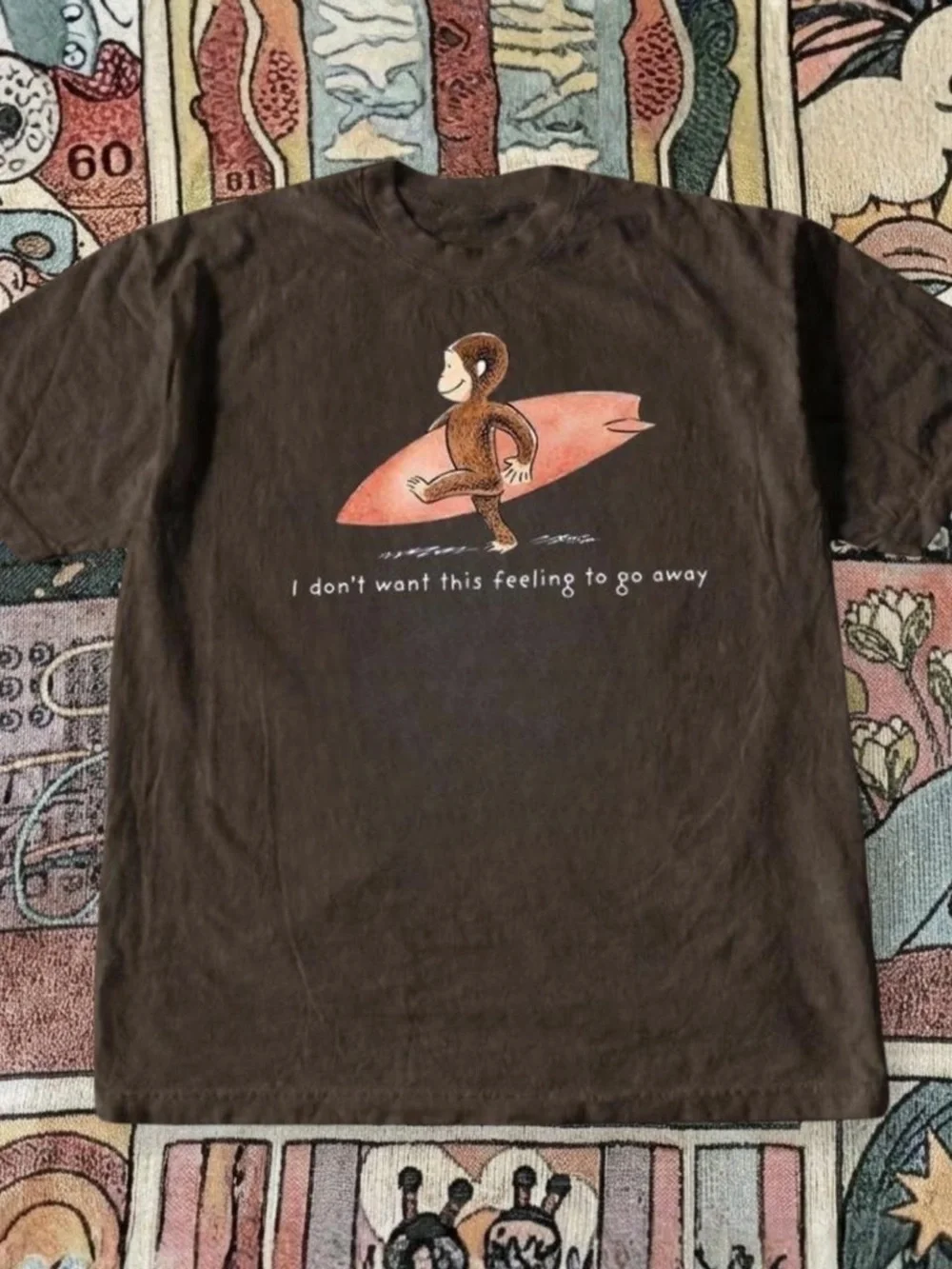 Brown Graphic Tee with Surfing Monkey Print - Men’s Casual Shirt